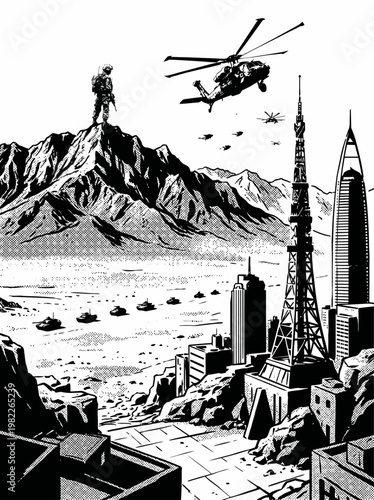 A high-contrast black and white stencil illustration showing a detailed modern military soldier in full gear and backpack standing on a high rocky cliff,