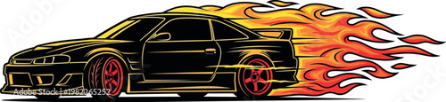 This compelling vector illustration captures a sleek black custom sports car with bold red rims, powerfully accelerating with a dramatic burst of fiery orange and yellow flames.