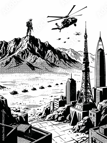 A high-contrast black and white stencil illustration showing a detailed modern military soldier in full gear and backpack standing on a high rocky cliff,