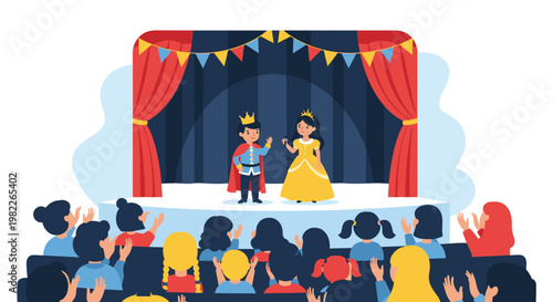 Talented children perform a fairy tale play dressed as a king and princess on a theater stage before an applauding audience.