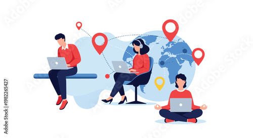 Diverse remote professionals work from various global locations using laptops connected to a world map with multiple destination pins.
