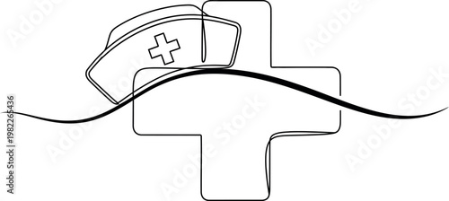 Minimalist one line drawing of a classic nurse cap resting on a medical cross symbol to represent healthcare services and professional support in modern design