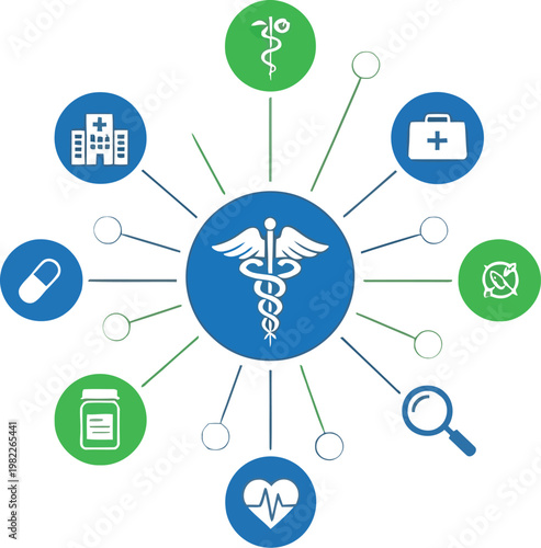 Professional medical infographic design featuring a central caduceus symbol surrounded by various health care related icons connecting to provide a comprehensive visual overview of medicine