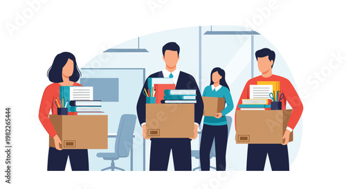 Group of employees carries boxes filled with personal office supplies while moving to a new office or leaving their current job positions.