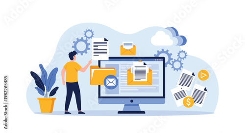 Office worker manages digital communications and files on a computer involving email sorting, document organization, and system processing.