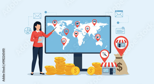 Professional woman analyzing global market expansion and financial growth on world map display with location markers and money icons.