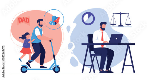 Working father balancing career and childcare while multitasking with laptop and playing with his young daughter on a blue scooter.