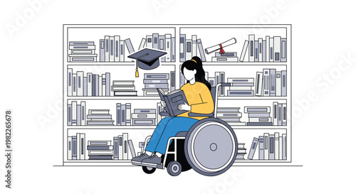 Young girl in wheelchair reading book in library setting with graduation cap icon overhead for inclusive education and academic goals.