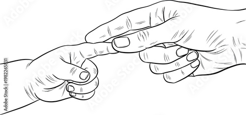 Adult human hand reaches out to touch the tiny soft finger of a newborn baby in a gentle moment of connection and pure parental love