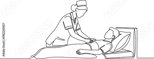 A dedicated healthcare professional diligently cares for a patient receiving medical treatment in a hospital bed, illustrating continuous line art design and compassionate healthcare assistance.