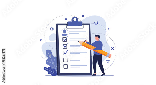 Person checking items on large clipboard list with giant pencil for task management and organization success and personal productivity.