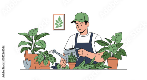 Man caring for various indoor potted plants by watering them on table in domestic setting for hobby gardening and nature connection.