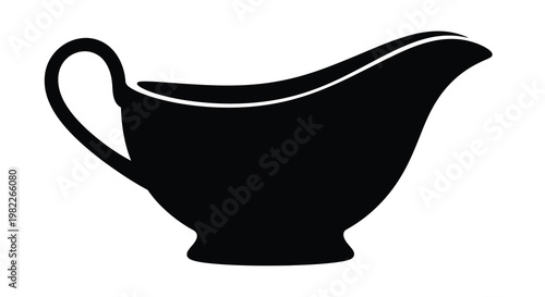 A simple black and white illustration of a gravy boat shown in profile view high quality