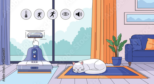 Smart home automation robot monitoring living room with various security and control icons for modern lifestyle and connected living.