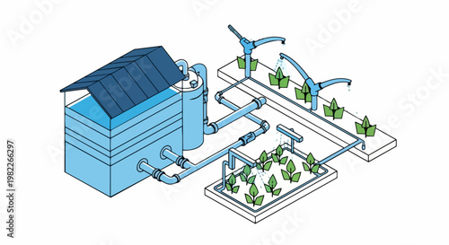 Smart Irrigation System Isometric Illustration with Solar Water Tank and Automated Sprinklers for Sustainable Agriculture