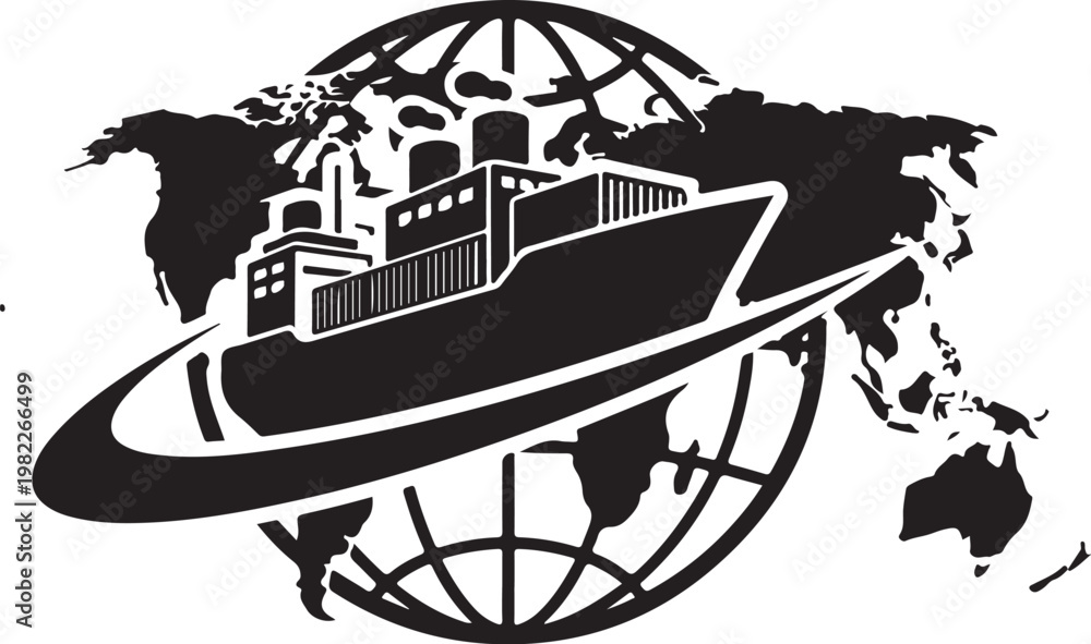 Obraz premium Global Shipping, Cargo Ship, World Map, Logistics Vector Icon