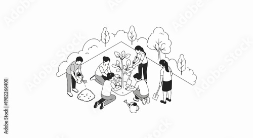 Community Volunteers Planting a Tree Together Isometric Line Art Illustration for Environmental Sustainability and Teamwork Concept