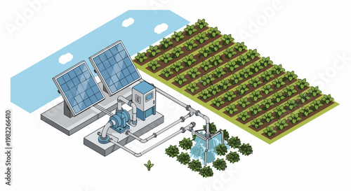 Isometric Solar Powered Irrigation System for Sustainable Agriculture and Smart Farming