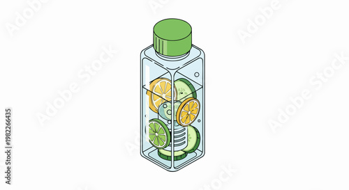 Fruit Infused Detox Water Bottle Illustration with Lemon, Lime, and Cucumber Slices for Healthy Hydration - Minimal Vector Design