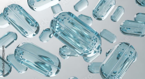 Transparent blue capsules floating in a light gray background representing medicine or supplements for health and wellness