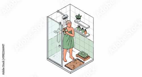 Isometric Illustration of Man Taking a Shower in Modern Bathroom with Glass Door and Shelves for Personal Hygiene and Self-Care Routine