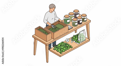 Artisan Tea Vendor Preparing Loose Leaf Herbal Tea in Sustainable Organic Shop