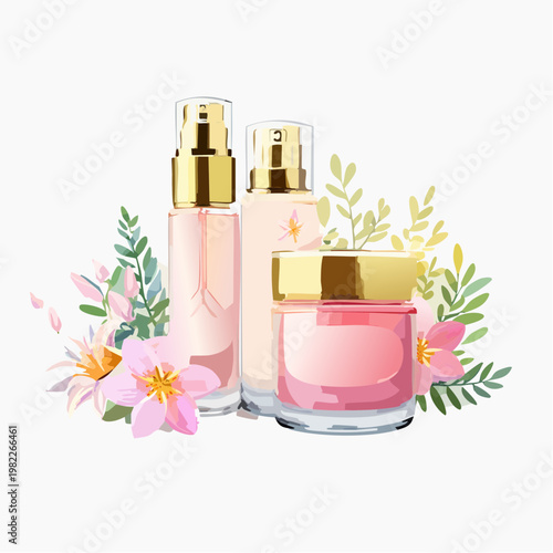 Kosmetik-Arrangement mit Duft und Blüten