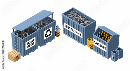 Isometric 3D View of Industrial Recycling Containers for Scrap Metal, Electronics, and Batteries - Modern Waste Management and Sustainable Disposal Concept