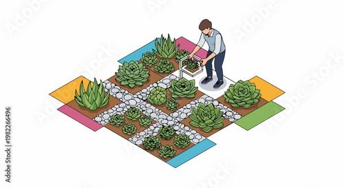 Isometric Illustration of a Man Landscaping a Modern Succulent Garden with Geometric Design