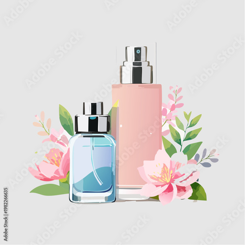 Kosmetik-Arrangement mit Duft und Blüten