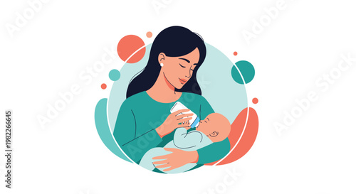 Loving mother bottle feeding her infant baby while cradling him in her arms with soft colorful background for childcare concept.
