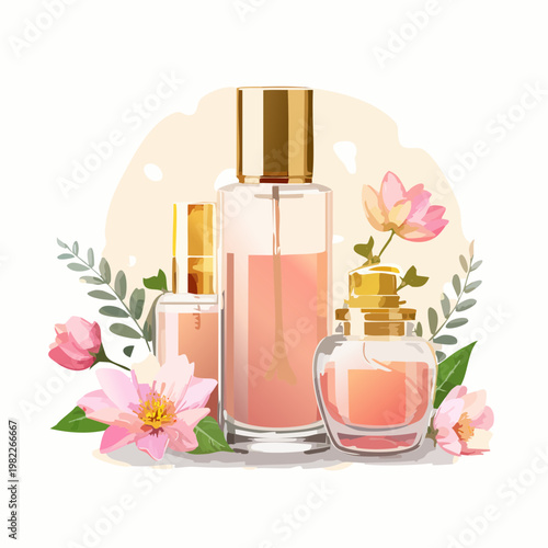 Kosmetik-Arrangement mit Duft und Blüten