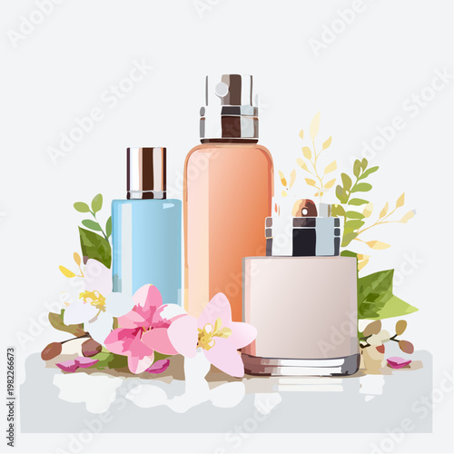 Kosmetik-Arrangement mit Duft und Blüten