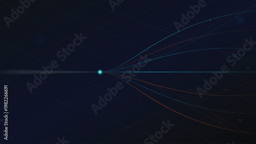 A glowing blue dot emits vibrant lines of light in various colors, radiating outward in a mesmerizing display of technology and innovation against a dark background.