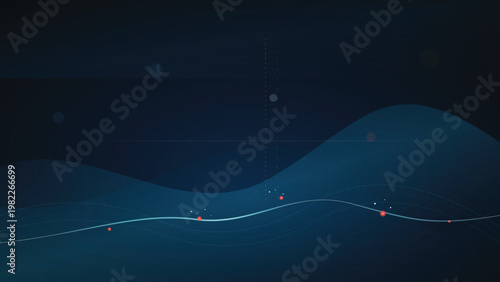 The glowing blue graph line ascends across the dark background with wavy hills and scattered red data points.