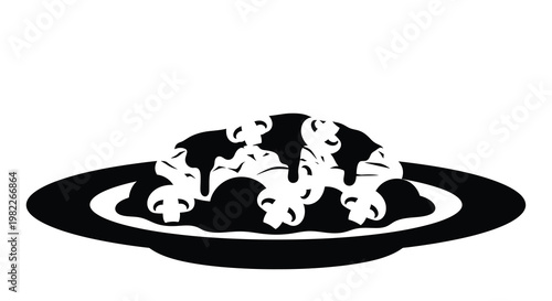 A black and white illustration depicts a plate of pasta with a dark sauce drizzled over it