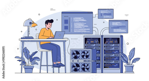 Data scientist working on laptop in server room with digital interfaces and cloud computing for technology systems and networking.