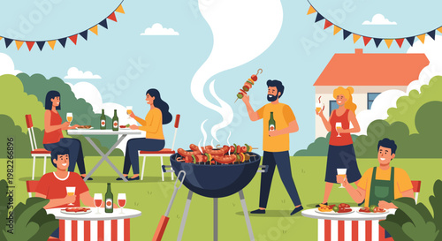 Friends and family enjoying backyard barbecue party with grilled food and drinks in garden during summer holiday and celebration.