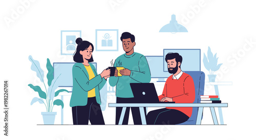 Office colleagues having casual coffee break conversation while working together at workspace for team bonding and collaboration.