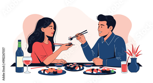 Happy couple sharing sushi dinner and red wine at restaurant during romantic evening date for special occasion and celebration.