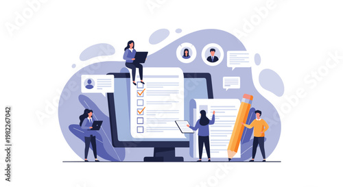 Small people working around giant computer screen for recruitment and candidate evaluation for human resources and hiring goals.