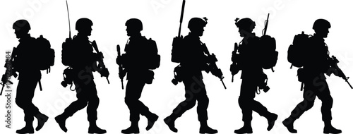 Military special forces soldiers silhouette set walking with rifles and tactical gear for army combat mission and defense industry vector design