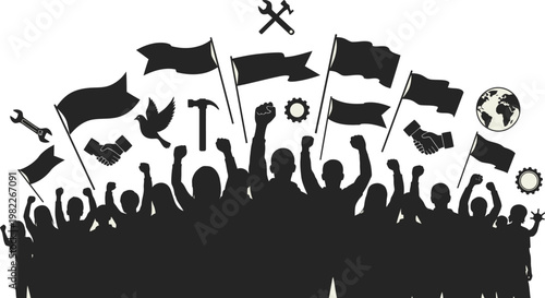 Silhouette of a crowd of people with raised fists and protest signs isolated on white background