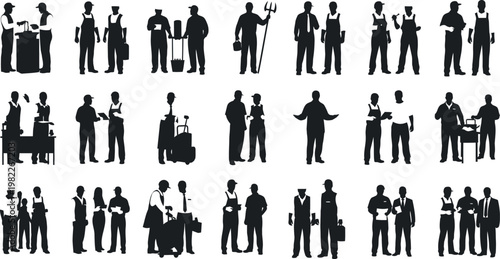 Silhouette illustrations of various people working and interacting in different professions and activities on white background