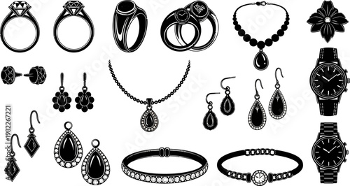 black and white illustration of various jewelry items including rings earrings necklaces watches and bracelets