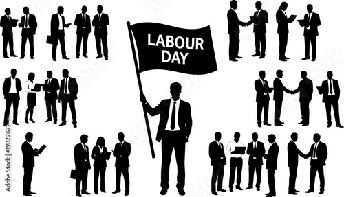 Labour Day celebration with business professionals in various poses on white background