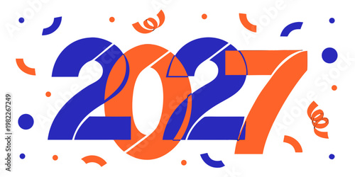 2027 new year typographic design with playful orange and blue confetti elements typography confetti celebration background greeting seasonal illustration creative elements template streamer