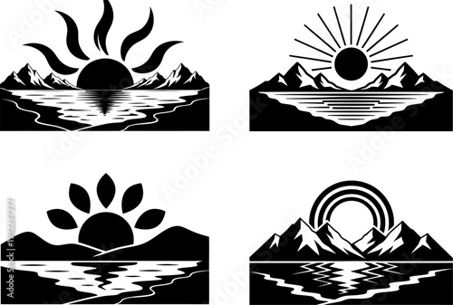 Black and white mountain landscape icons with sun and rainbow over water  nature graphics