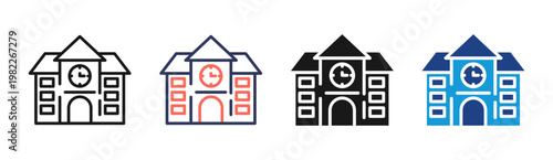 School Building icon set multiple style collection
