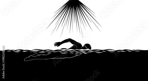 man swimming in water with sun rays shining down on him from above surface